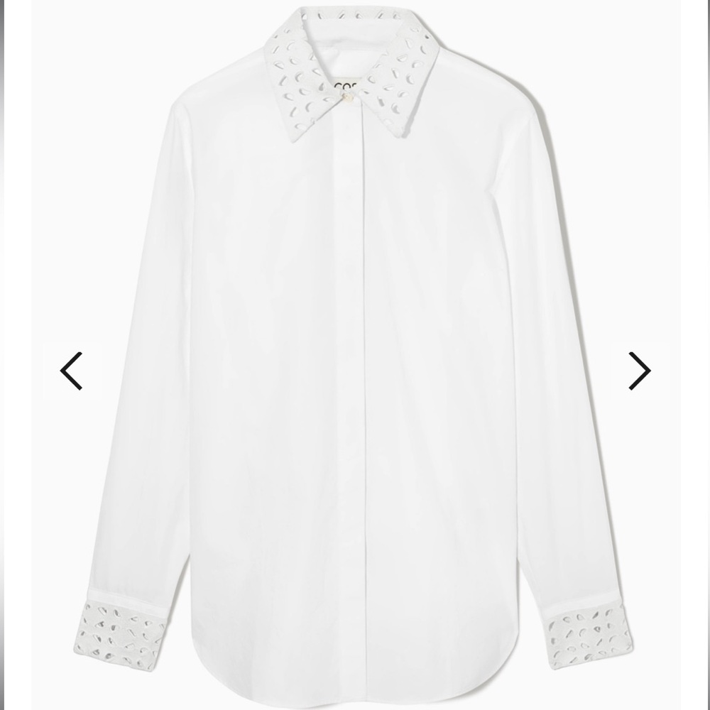 COS Women's White Long Sleeve Button-Up Shirt with Macramé Details Size S